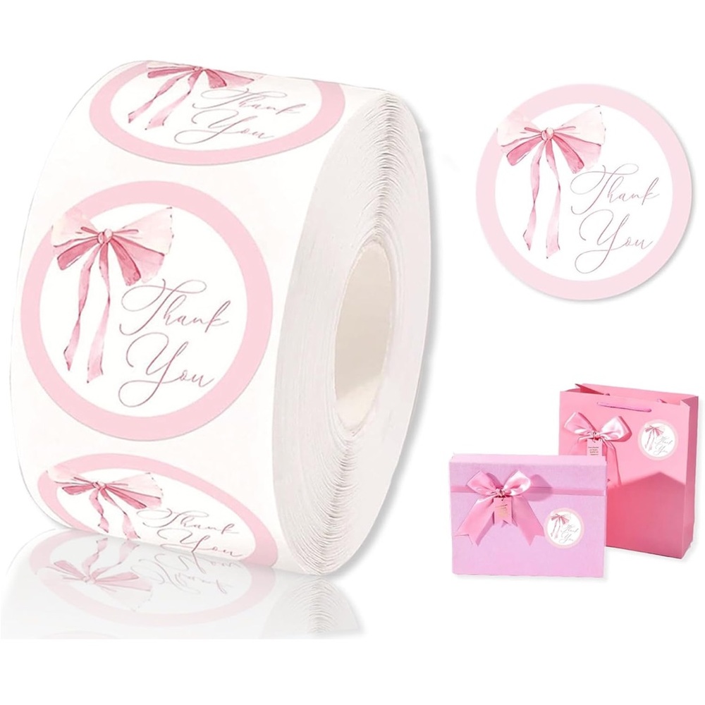 500 Pcs Pink Bow Thank You Stickers Coquette Bowknot Adhesive Label Roll NwT